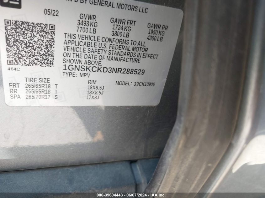 2022 Chevrolet Suburban 4Wd Lt VIN: 1GNSKCKD3NR288529 Lot: 39604443