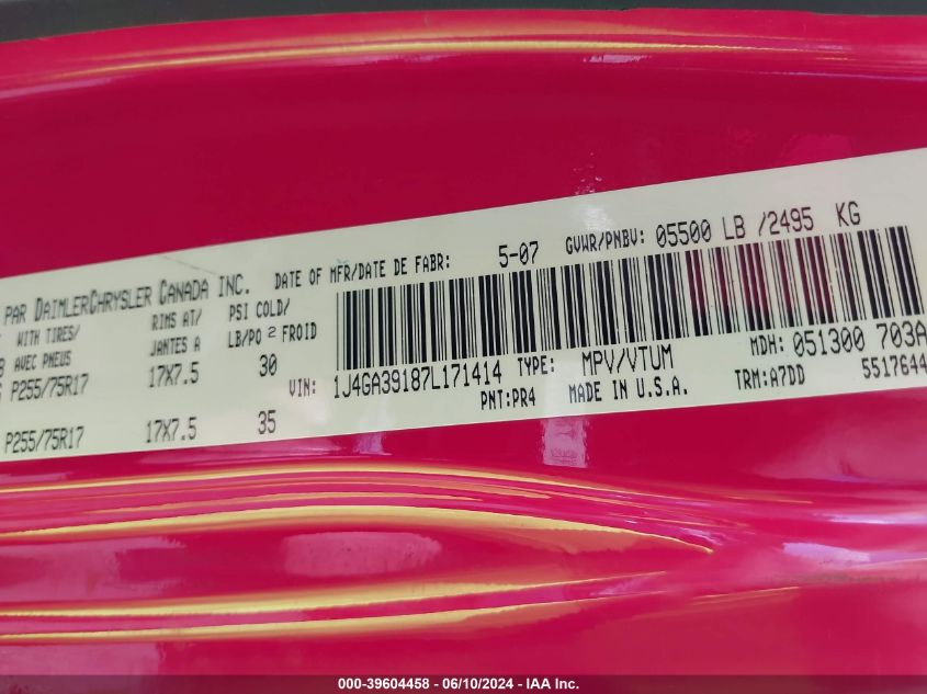 2007 Jeep Wrangler Unlimited X VIN: 1J4GA39187L171414 Lot: 39604458