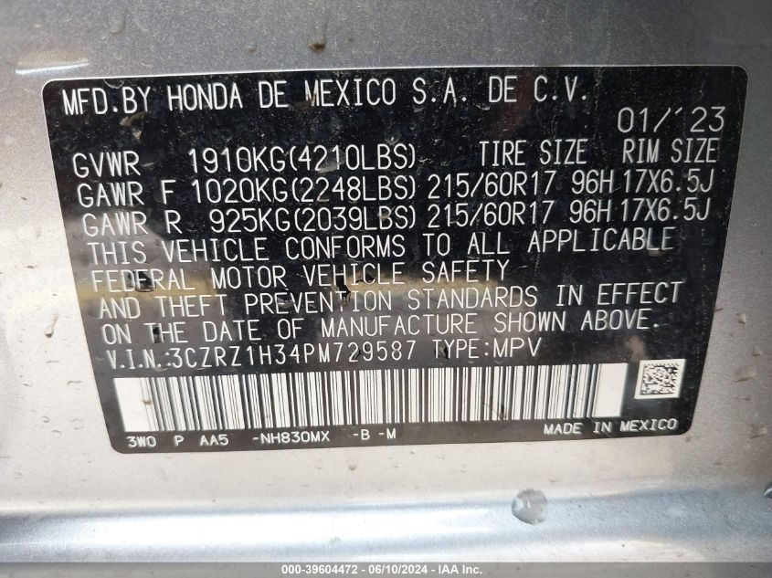 2023 Honda Hr-V 2Wd Lx VIN: 3CZRZ1H34PM729587 Lot: 39604472