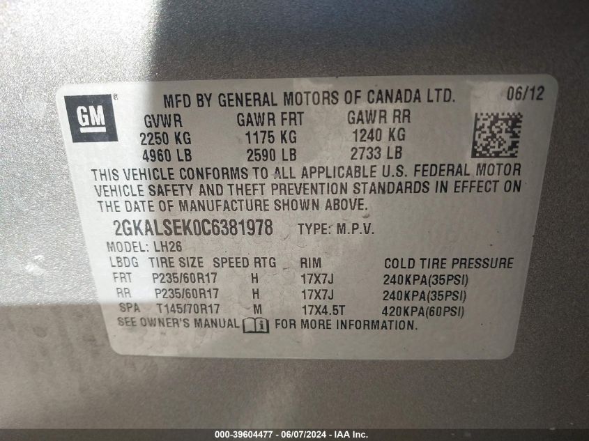 2012 GMC Terrain Sle-2 VIN: 2GKALSEK0C6381978 Lot: 39604477