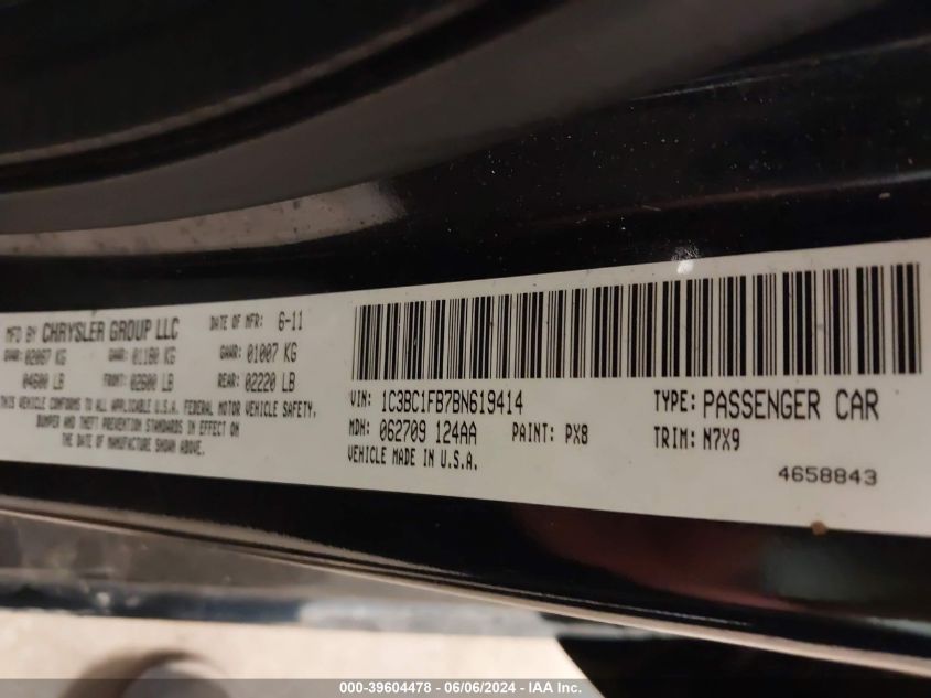 2011 Chrysler 200 Touring VIN: 1C3BC1FB7BN619414 Lot: 39604478