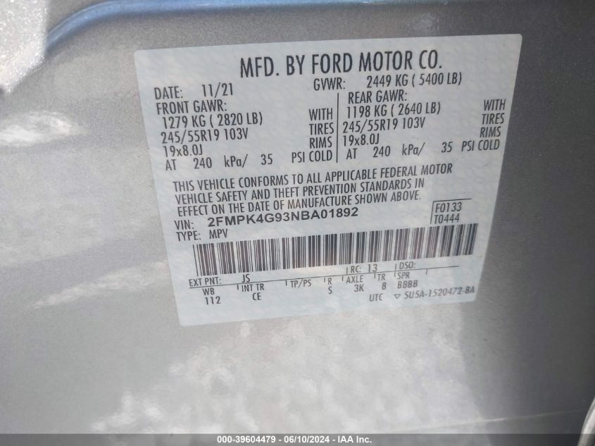 2022 Ford Edge Se VIN: 2FMPK4G93NBA01892 Lot: 39604479