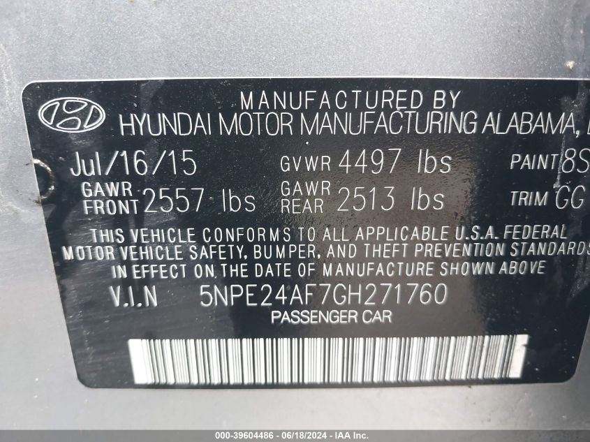 2016 Hyundai Sonata Se VIN: 5NPE24AF7GH271760 Lot: 39604486
