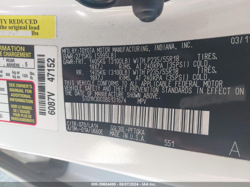 2011 Toyota Sienna Limited V6 VIN: 5TDYK3DC0BS131674 Lot: 39604495