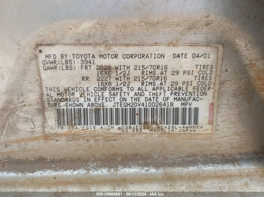 2001 Toyota Rav4 VIN: JTEGH20V410026418 Lot: 39604501