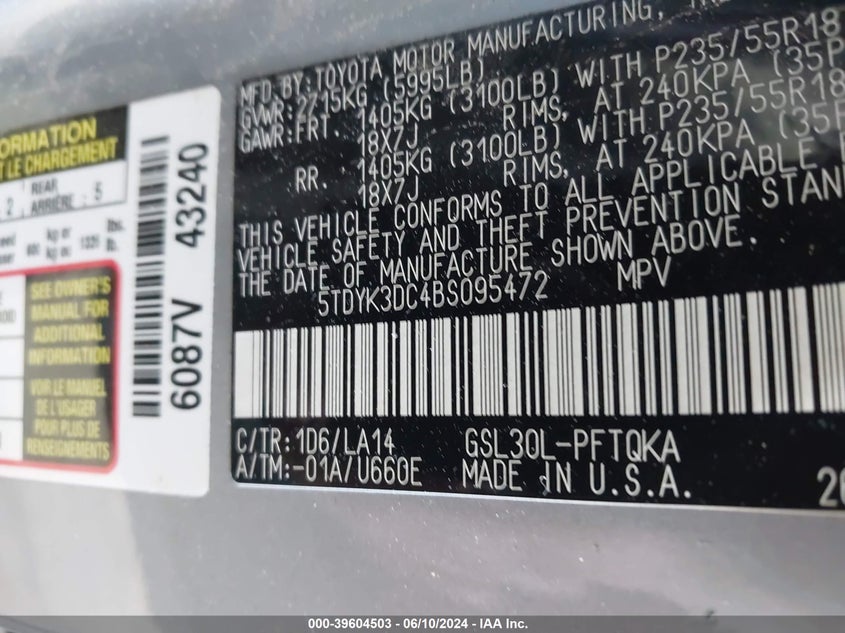 2011 Toyota Sienna Limited V6 VIN: 5TDYK3DC4BS095472 Lot: 39604503