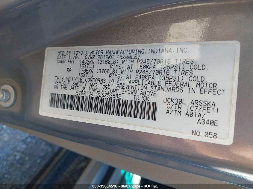 2002 Toyota Tundra Sr5 V8 VIN: 5TBRT34122S253882 Lot: 39604516