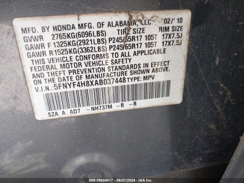 2010 Honda Pilot Touring VIN: 5FNYF4H8XAB037448 Lot: 39604517