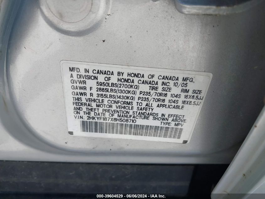 2006 Honda Pilot Ex-L VIN: 2HKYF187X6H508710 Lot: 39604529