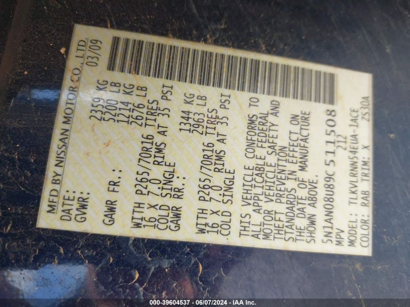 2009 Nissan Xterra S VIN: 5N1AN08U89C511508 Lot: 39604537