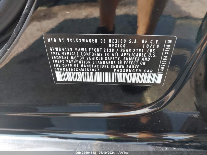 2017 Volkswagen Jetta 1.4T Se VIN: 3VWDB7AJXHM251027 Lot: 39604568