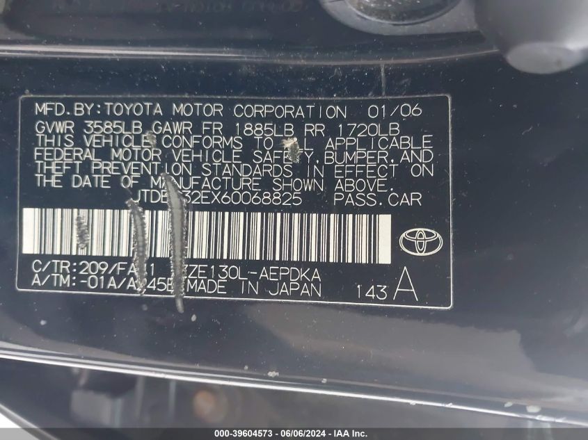 JTDBR32EX60068825 | 2006 TOYOTA COROLLA