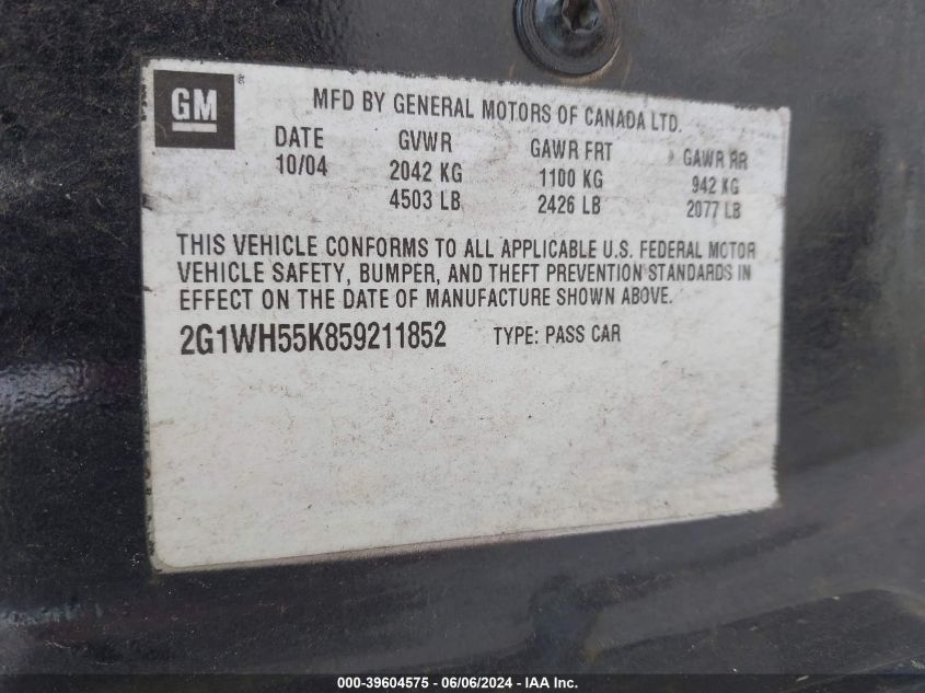 2005 Chevrolet Impala Ls VIN: 2G1WH55K859211852 Lot: 39604575
