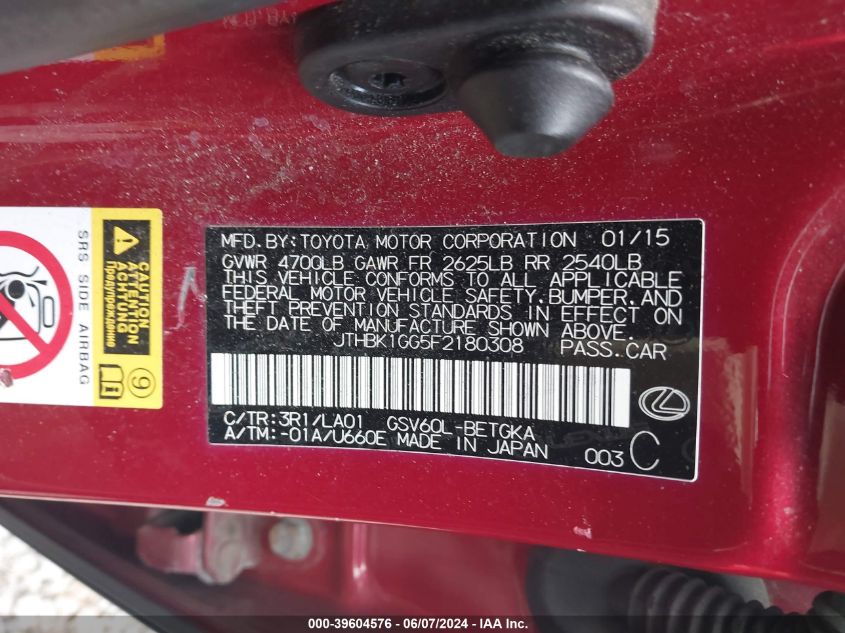 2015 Lexus Es 350 VIN: JTHBK1GG5F2180308 Lot: 39604576