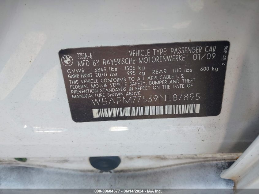 2009 BMW 335I VIN: WBAPM77539NL87895 Lot: 39604577