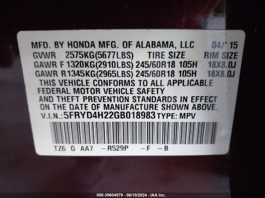 2016 Acura Mdx Acurawatch Plus Package VIN: 5FRYD4H22GB018983 Lot: 39604579