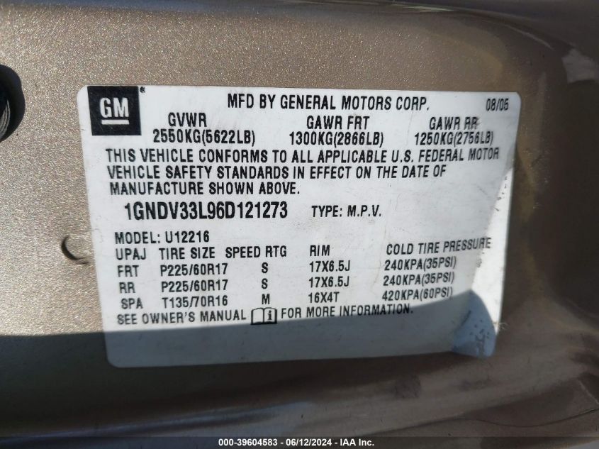 2006 Chevrolet Uplander Lt VIN: 1GNDV33L96D121273 Lot: 39604583