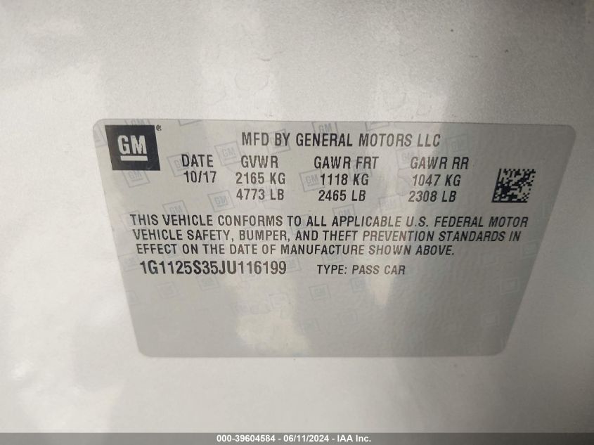 2018 Chevrolet Impala 2Lz VIN: 1G1125S35JU116199 Lot: 39604584