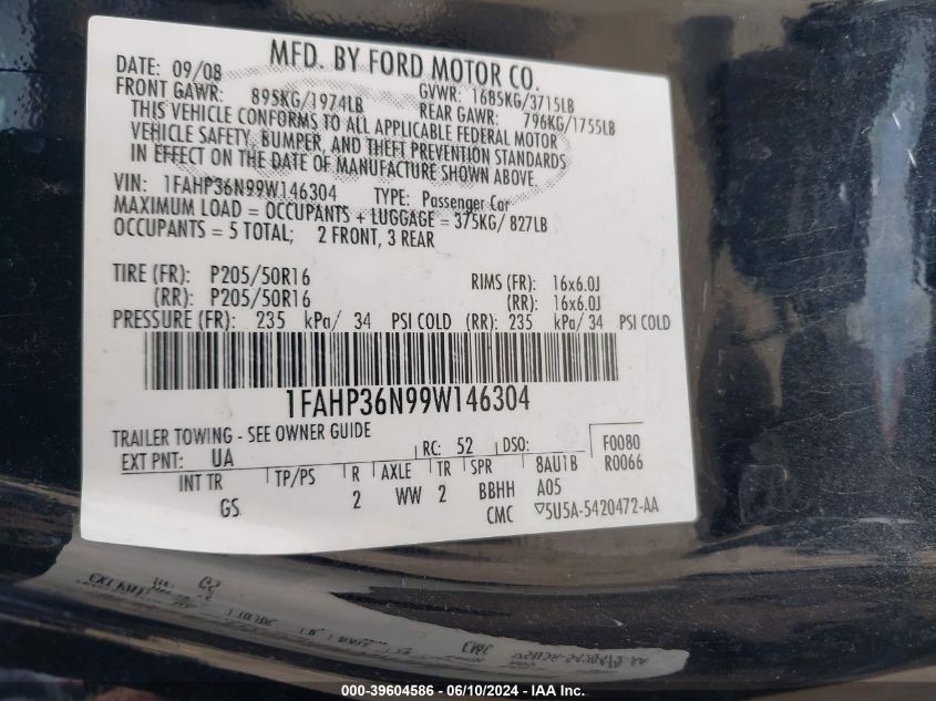 2009 Ford Focus Ses VIN: 1FAHP36N99W146304 Lot: 39604586