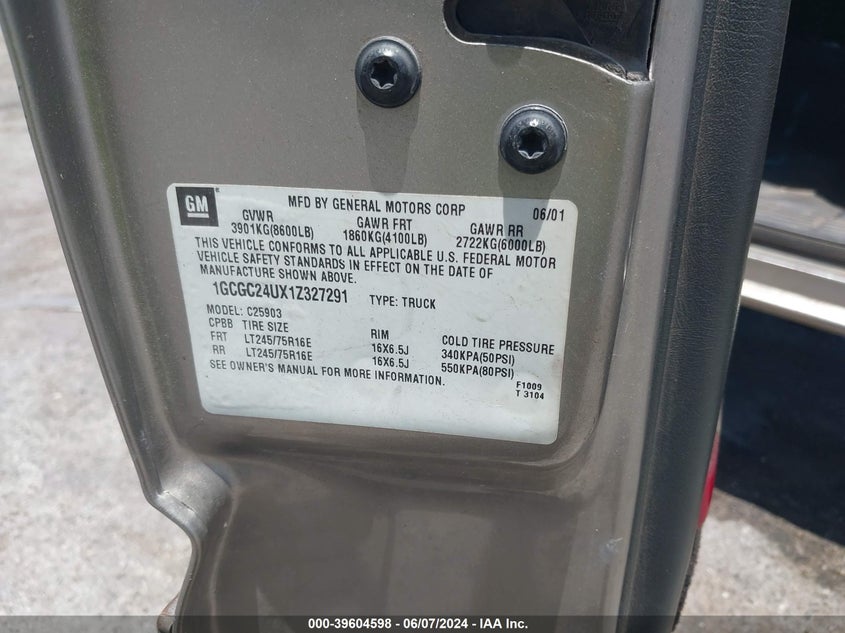 2001 Chevrolet Silverado 2500 Ls VIN: 1GCGC24UX1Z327291 Lot: 39604598
