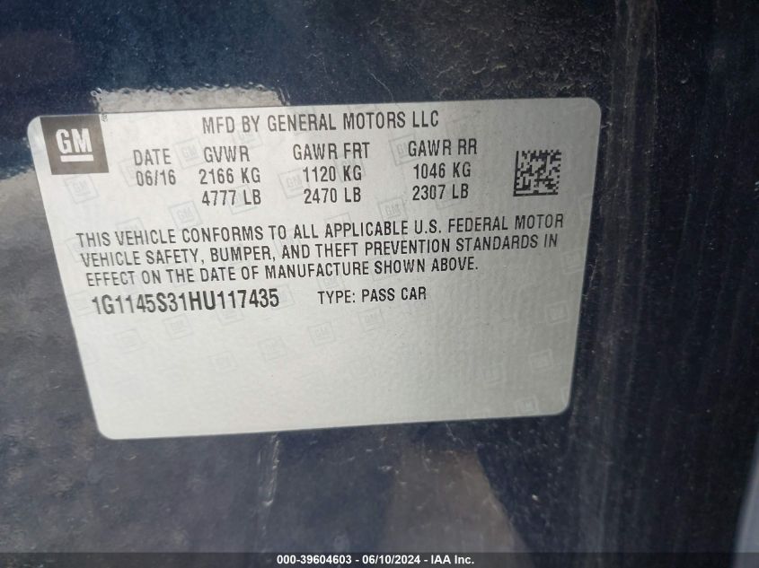 2017 Chevrolet Impala 2Lz VIN: 1G1145S31HU117435 Lot: 39604603