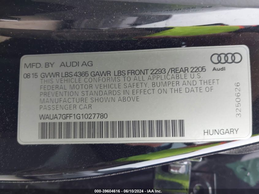 2016 Audi A3 1.8T Premium VIN: WAUA7GFF1G1027780 Lot: 39604616