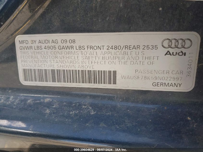 2009 Audi A4 2.0T Premium VIN: WAUSF78K59N022997 Lot: 39604629