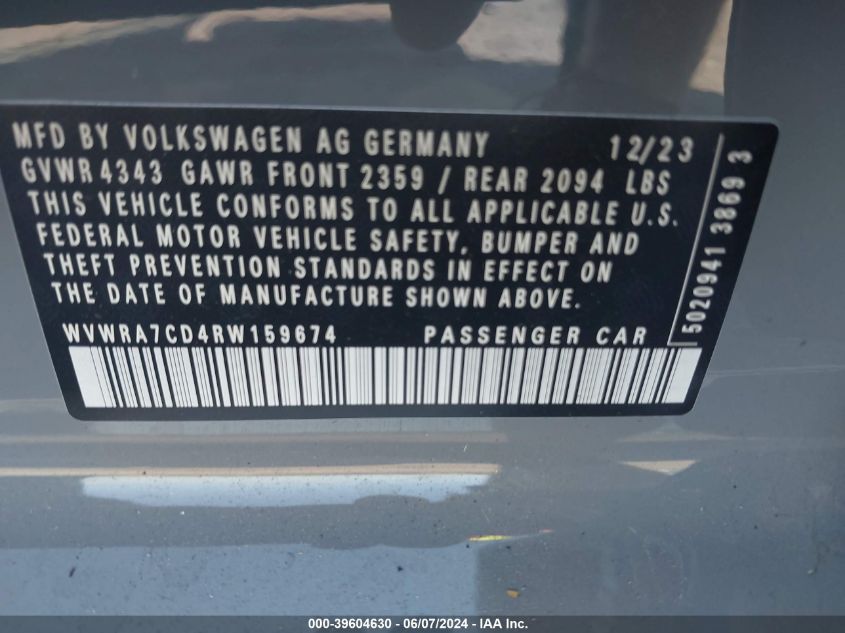 2024 Volkswagen Golf Gti 2.0T Se VIN: WVWRA7CD4RW159674 Lot: 39604630