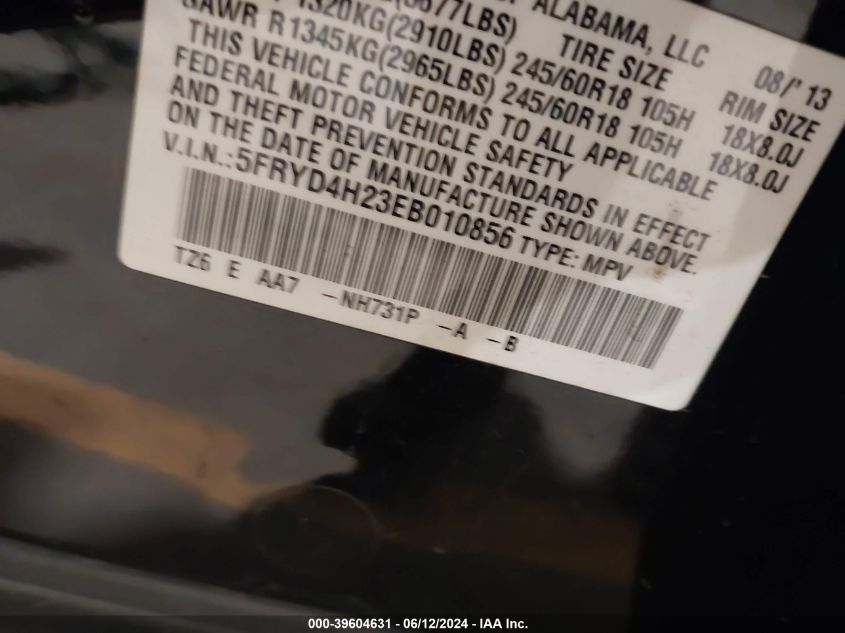 2014 Acura Mdx VIN: 5FRYD4H23EB010856 Lot: 39604631