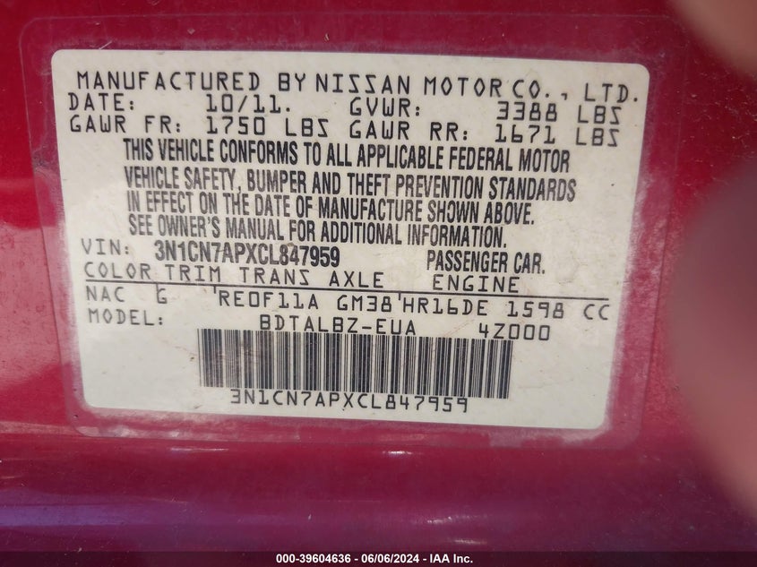 2012 Nissan Versa 1.6 Sv VIN: 3N1CN7APXCL847959 Lot: 39604636