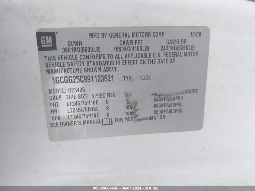 2009 Chevrolet Express 2500 Work Van VIN: 1GCGG25C991123621 Lot: 39604645
