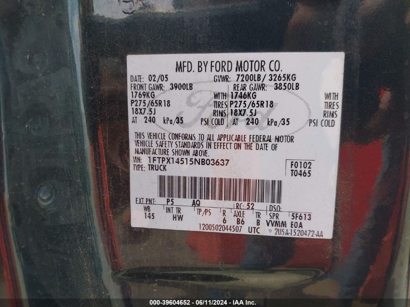 2005 Ford F-150 Fx4/Lariat/Xl/Xlt VIN: 1FTPX14515NB03637 Lot: 39604652