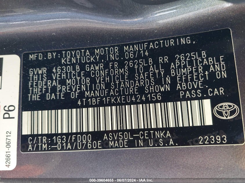 2014 Toyota Camry Le VIN: 4T1BF1FKXEU424156 Lot: 39604655