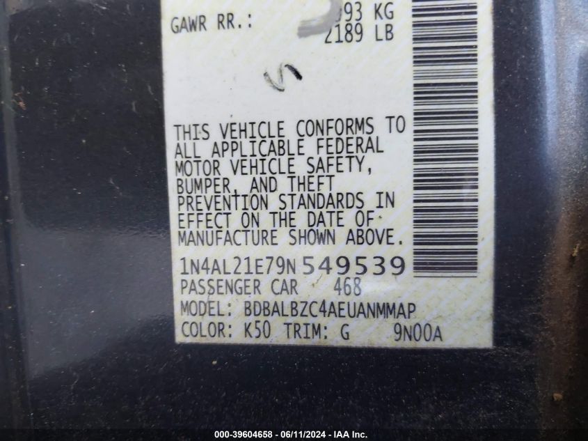 2009 Nissan Altima 2.5 S VIN: 1N4AL21E79N549539 Lot: 39604658