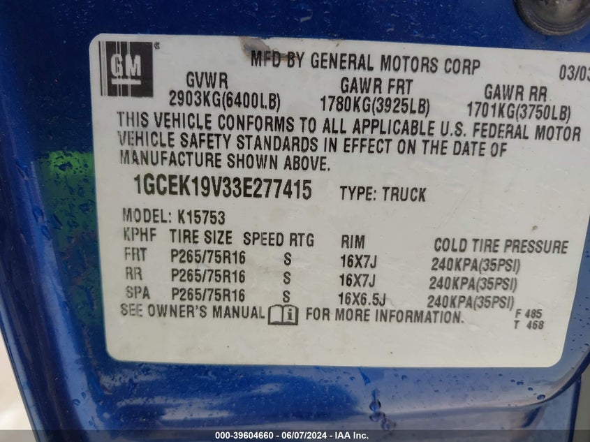 2003 Chevrolet Silverado 1500 Ls VIN: 1GCEK19V33E277415 Lot: 39604660