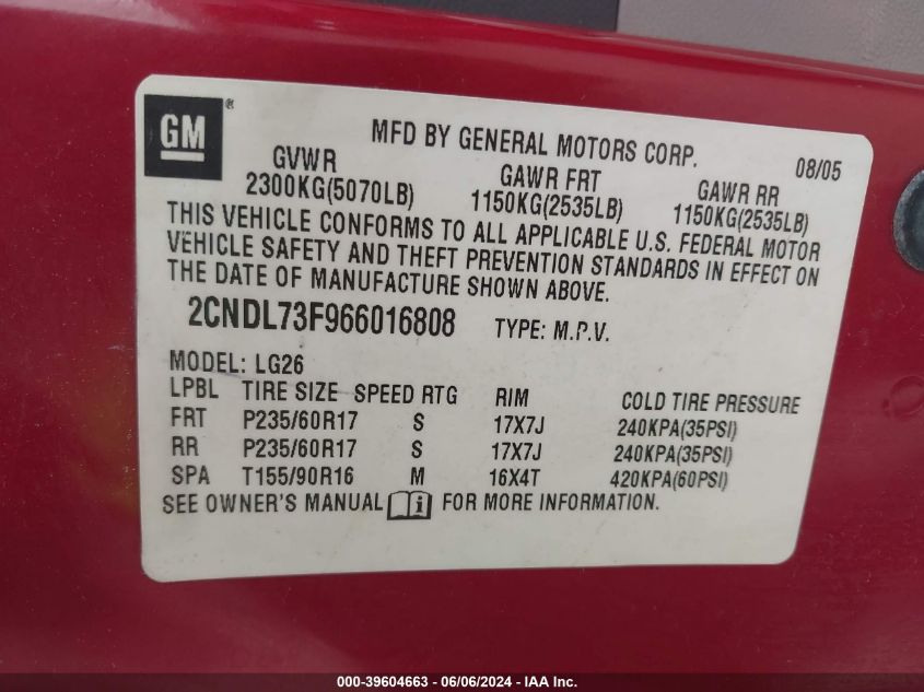 2006 Chevrolet Equinox Lt VIN: 2CNDL73F966016808 Lot: 39604663