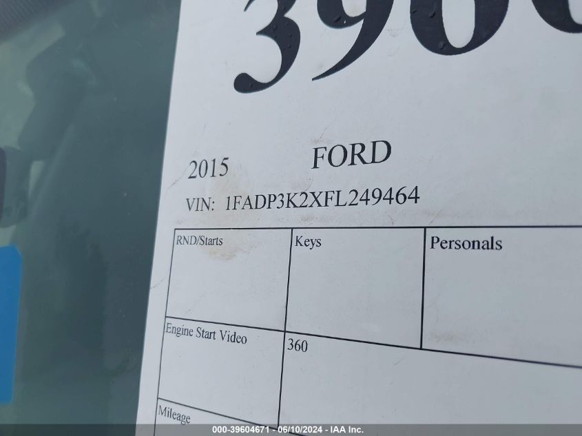 2015 Ford Focus Se VIN: 1FADP3K2XFL249464 Lot: 39604671