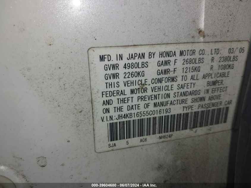 2005 Acura Rl 3.5 VIN: JH4KB16555C016193 Lot: 39604680
