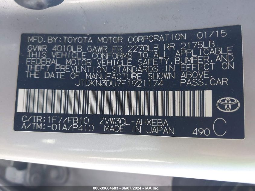 2015 Toyota Prius Three VIN: JTDKN3DU7F1921174 Lot: 39604683