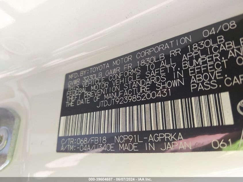 2008 Toyota Yaris VIN: JTDJT923985200431 Lot: 39604687