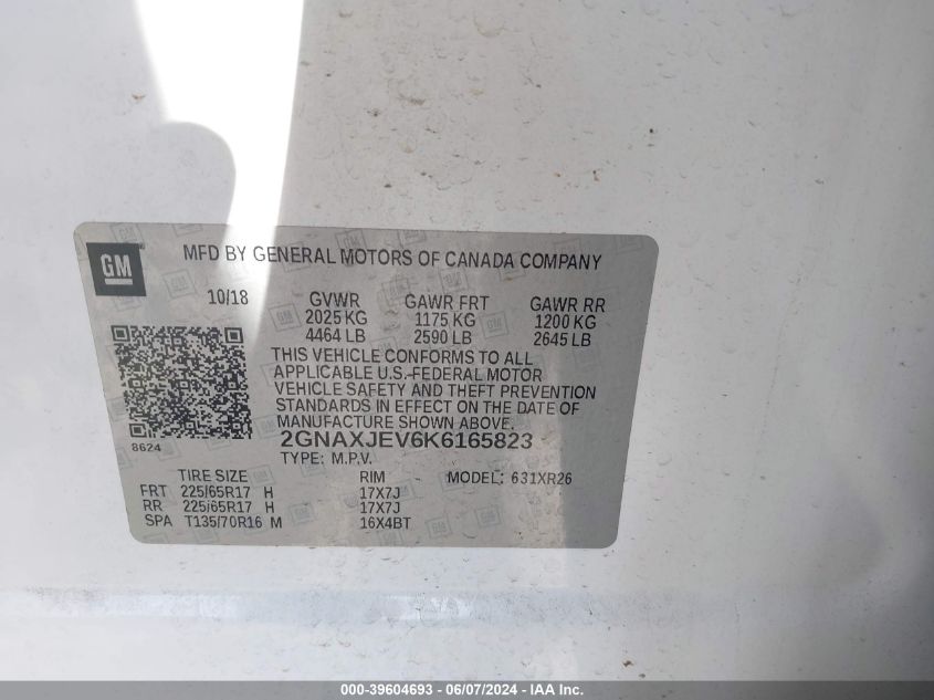 2019 Chevrolet Equinox Lt VIN: 2GNAXJEV6K6165823 Lot: 39604693