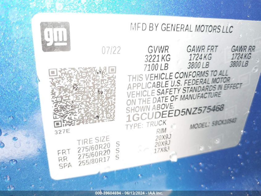 2022 Chevrolet Silverado 1500 4Wd Short Bed Rst VIN: 1GCUDEED5NZ575468 Lot: 39604694