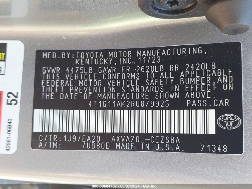 4T1G11AK2RU879925 | 2024 TOYOTA CAMRY