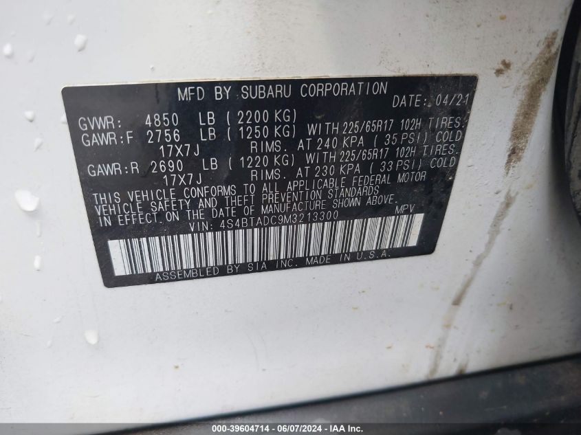 2021 Subaru Outback Premium VIN: 4S4BTADC9M3213300 Lot: 39604714