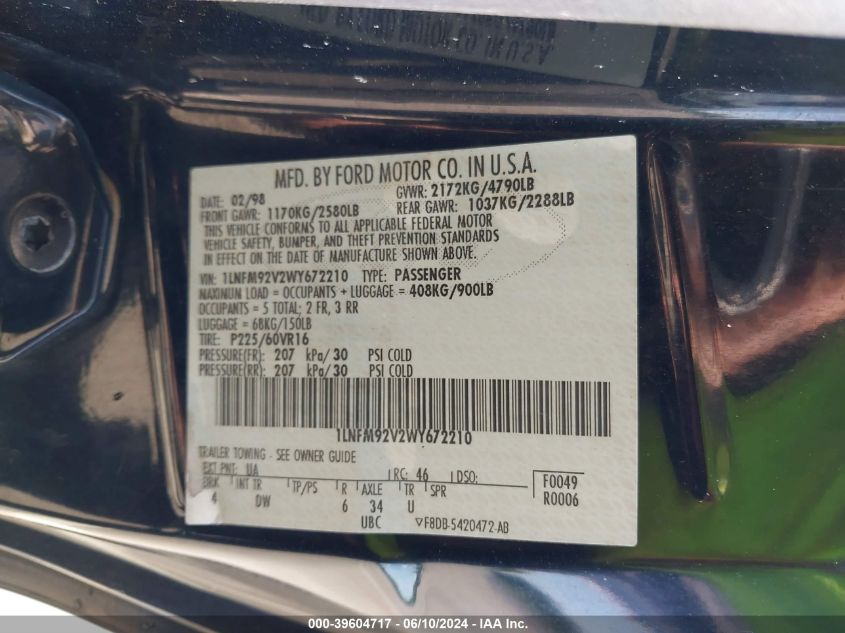 1998 Lincoln Mark Viii Lsc VIN: 1LNFM92V2WY672210 Lot: 39604717