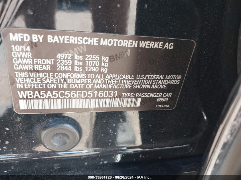 2015 BMW 528I VIN: WBA5A5C56FD516031 Lot: 39846125