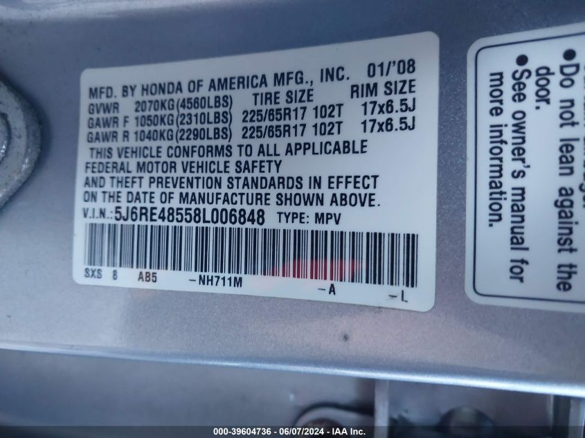 2008 Honda Cr-V Ex VIN: 5J6RE48558L006848 Lot: 39604736