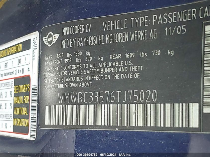 2006 Mini Cooper VIN: WMWRC33576TJ75020 Lot: 39604752