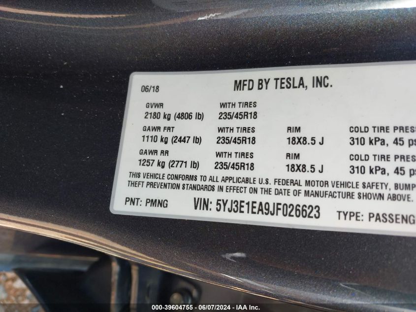 5YJ3E1EA9JF026623 2018 Tesla Model 3 Long Range/Mid Range