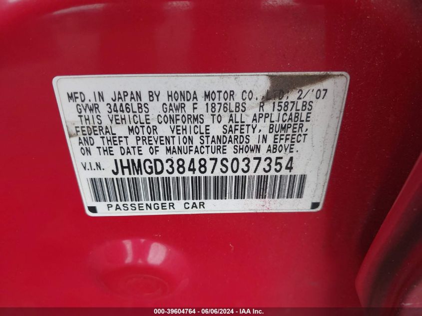 2007 Honda Fit VIN: JHMGD38487S037354 Lot: 39604764